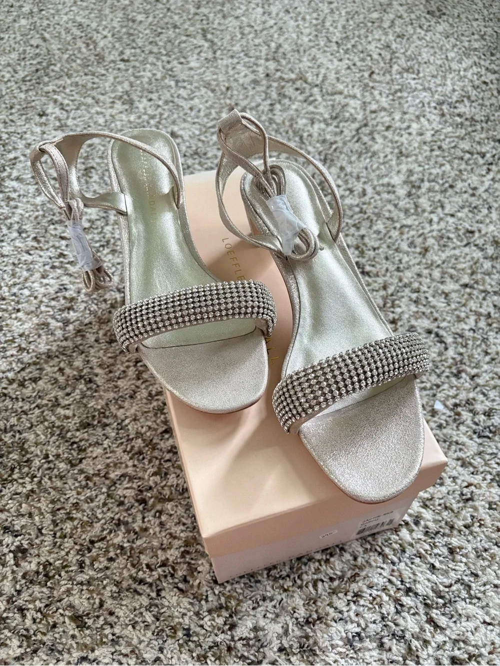 NEW Loeffler Randall Jackie Mid-Heel Rhinestone Sandals Cappuccino Size 7.5